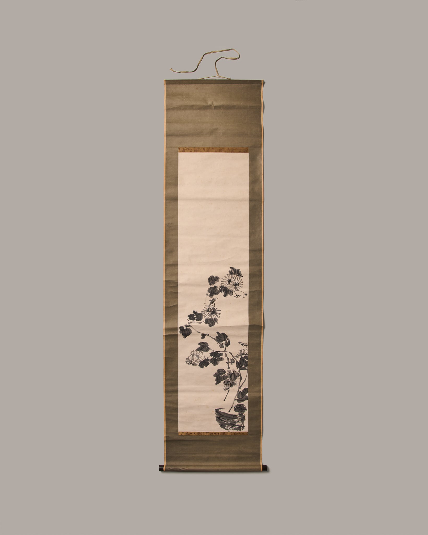 Vintage Japanese Sumi-e Floral Scroll